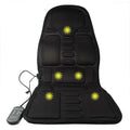 Black heating massage mat with infrared function and a separate seat cushion on a floor.