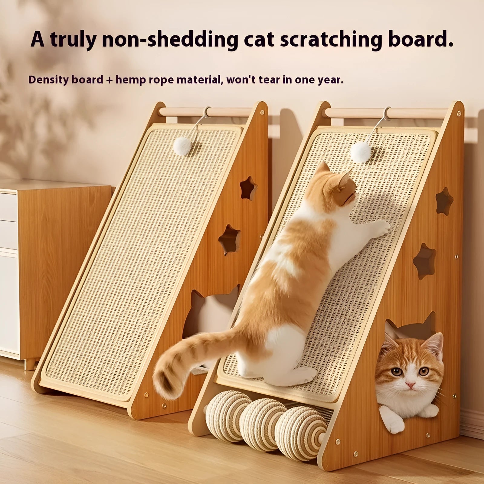 Vertical wall-mounted cat scratch board with cat funny ball and hemp rope design