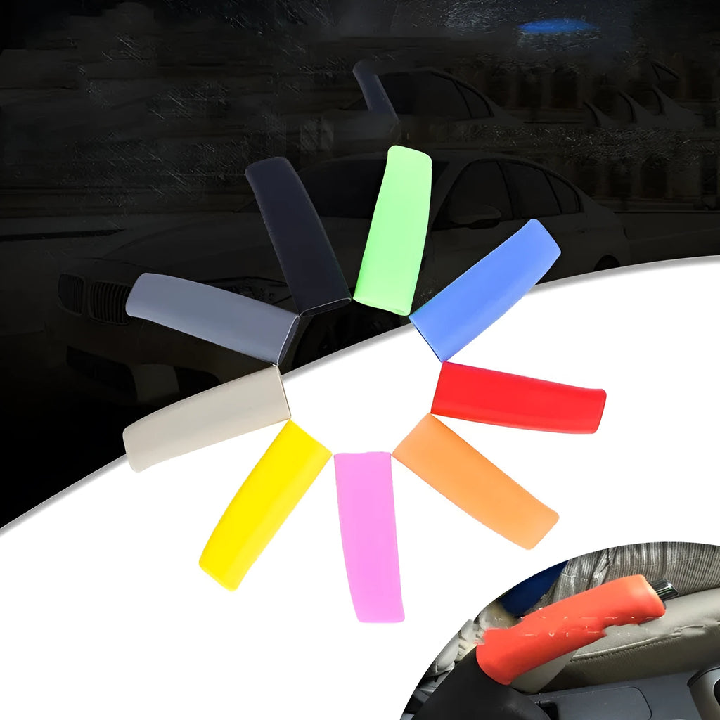 Universal silicone handbrake sleeve in black, grey, beige, red, and blue measuring 12cm long for car interior protection