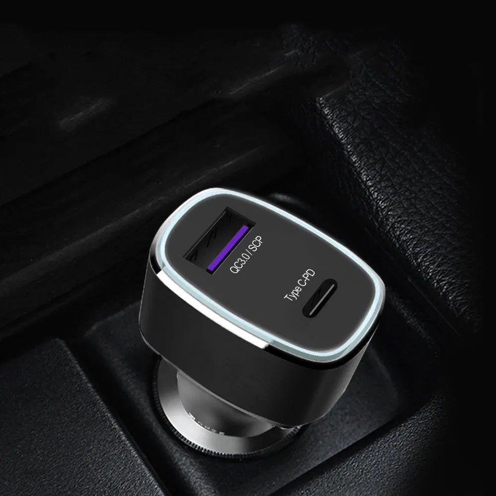 Car charger dual USB TYPE C PD QC 3.0 2.0 fast charger metal flame retardant PC 6000mA 12-24V