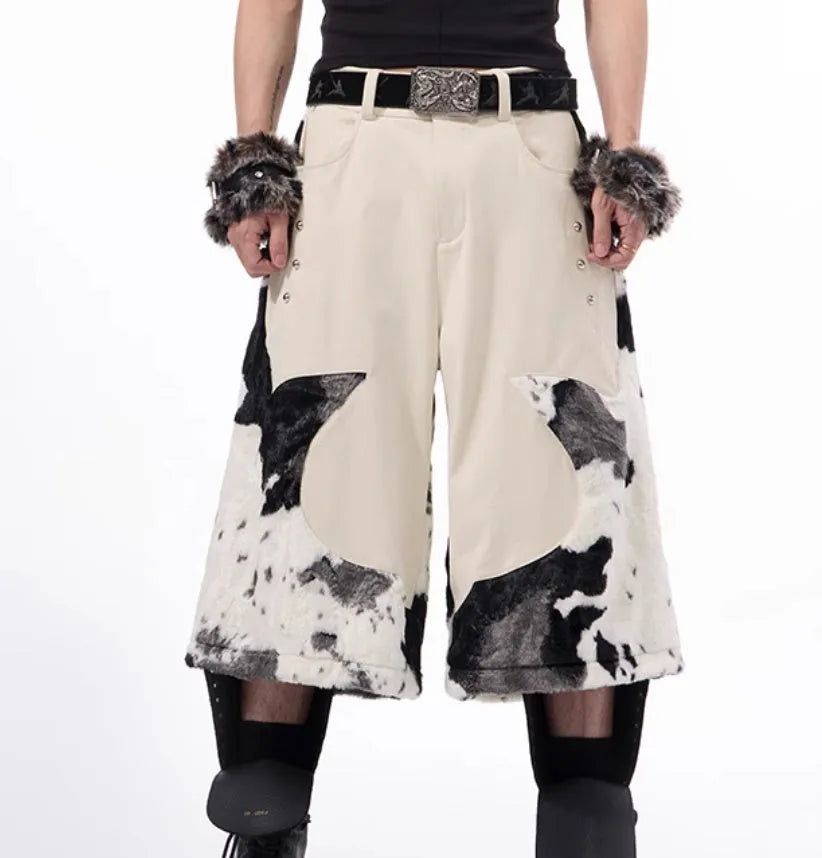 Stitching milk fiber fur cropped pants with personalised patterns in picture colour, front view