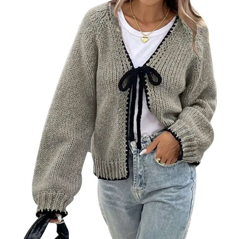 Lace-up cardigan with crocheted flowers in solid colour polyester, loose long sleeves