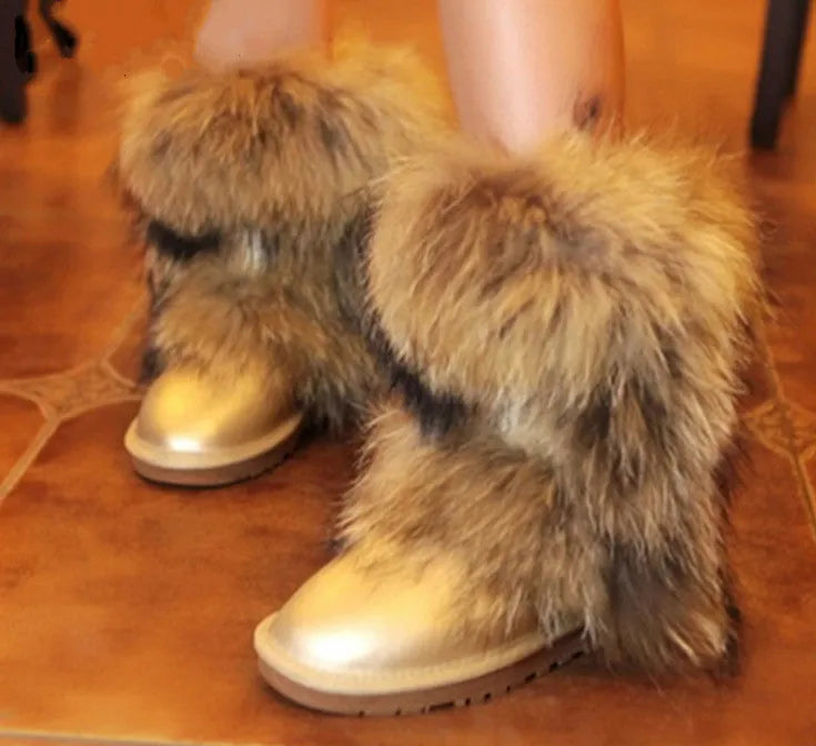 Women's winter mid-calf fox fur snow boots with flat heel in black original fur colour