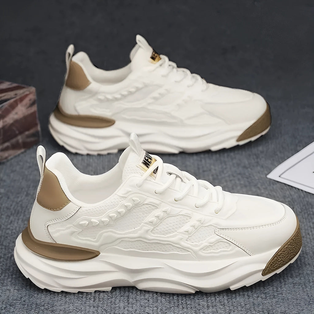 Men's white and black breathable mesh shoes with round toe design showing PU mesh upper construction