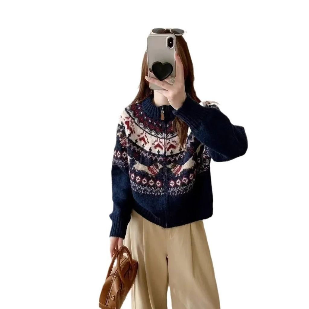 Ethnic style heavy industry jacard round neck pullover sweater with 3D effect pattern in apricot or navy blue loose fit