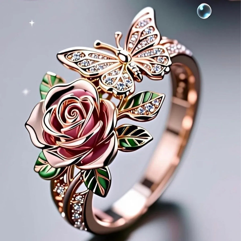 Adjustable alloy personality ring with colourful dripping oil finish showing butterfly and floral modelling