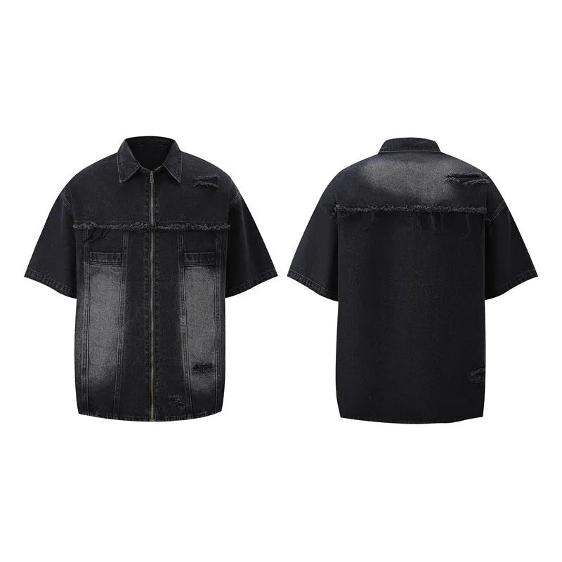 Denim fashion loose leisure all-matching overall suit for women in black with short sleeve top and full trousers