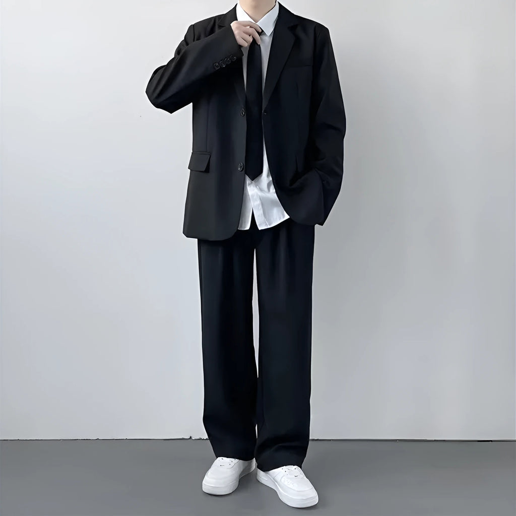 Men's plus size three-piece suit set in loose college style with white shirt and tie