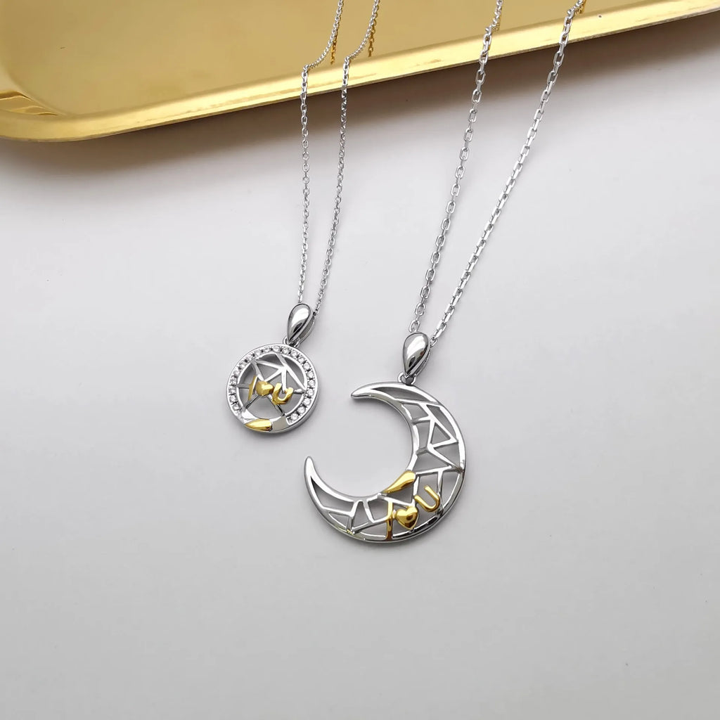 Sun moon tooth couple necklace with electroplated copper pendant and cross chain for men and women