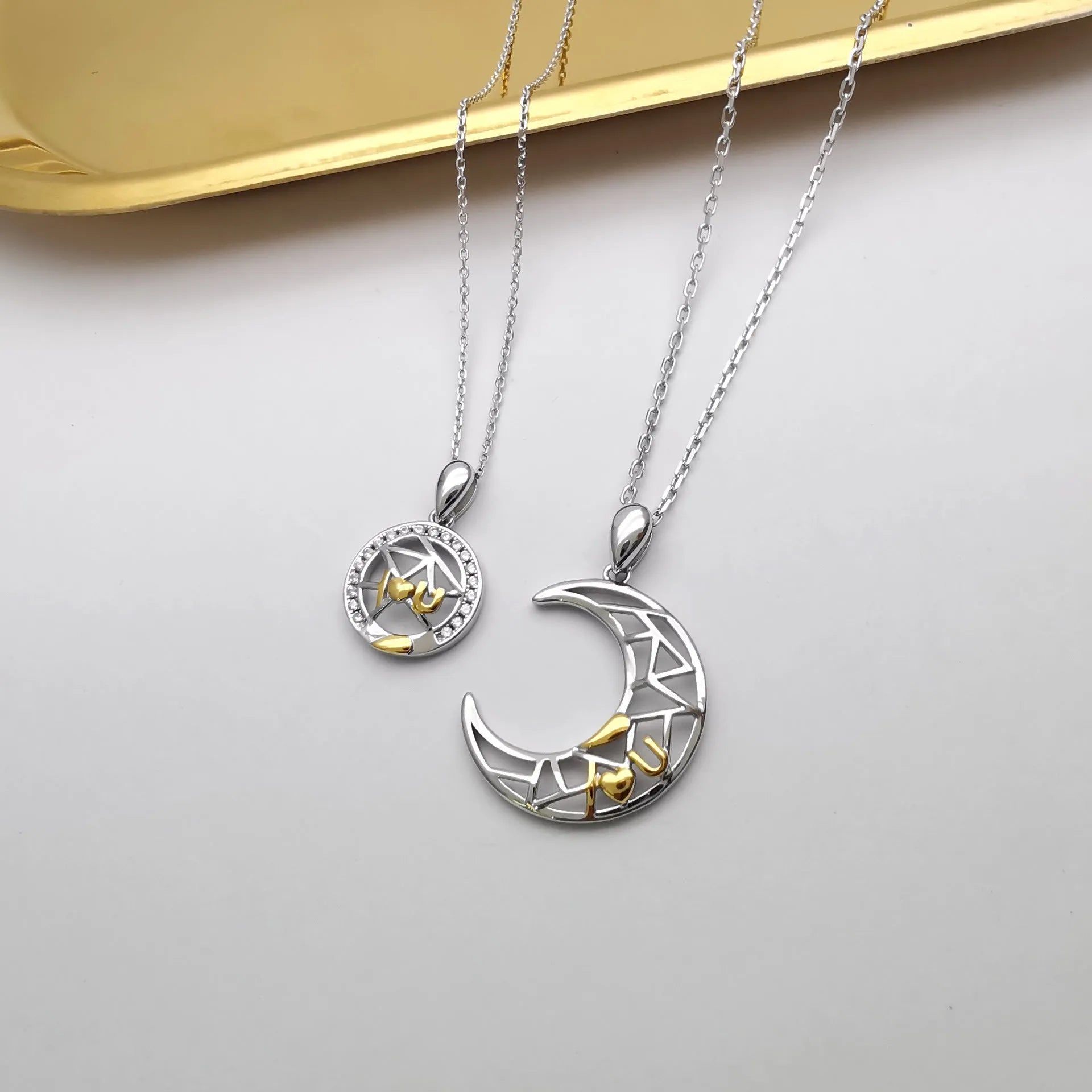 Sun moon tooth couple necklace with electroplated copper pendant and cross chain for men and women