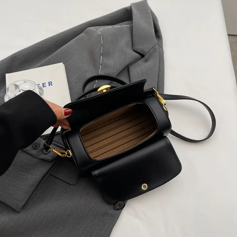 Personalised women's black PU leather messenger bag with letter monogramming and adjustable shoulder strap