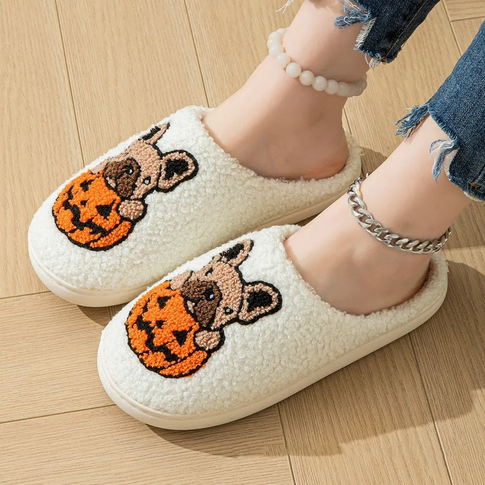 Halloween pumpkin patterned house slippers with plush velvet cotton upper and non-slip TPR rubber soles
