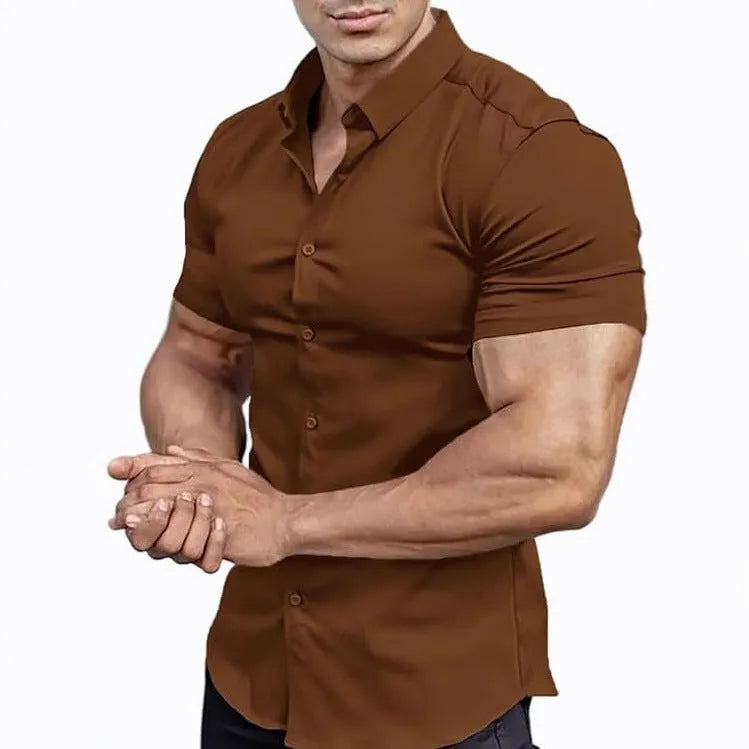 Men's short sleeve printed casual shirt in polyester fabric with collar