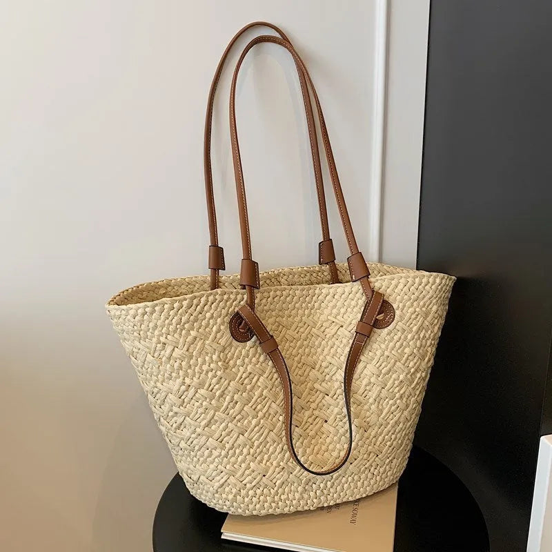 New large capacity woven bag in khaki, horizontal square shape, dual-use shoulder or hand carry, no lining