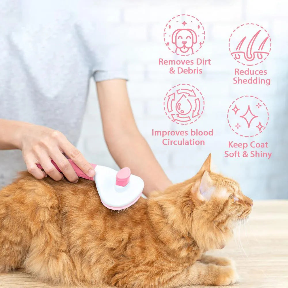 Cat grooming brush with a release button, shown in blue, grey, and pink colour options.