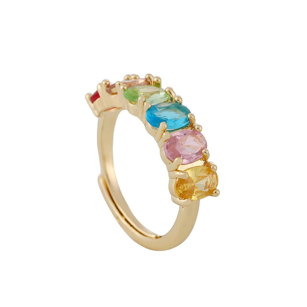 Gold-colour adjustable zircon ring with a simple retro design on a white background.