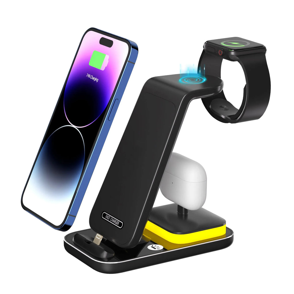 Black and white vertical wireless charging stand for mobile phone, smartwatch, and headset.