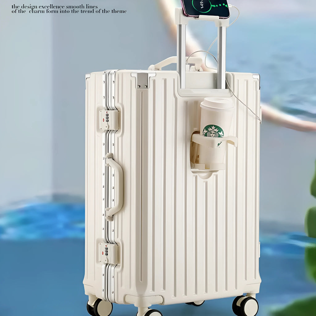 Large capacity travel luggage with aluminium frame, cup holder, and lock in solid colour