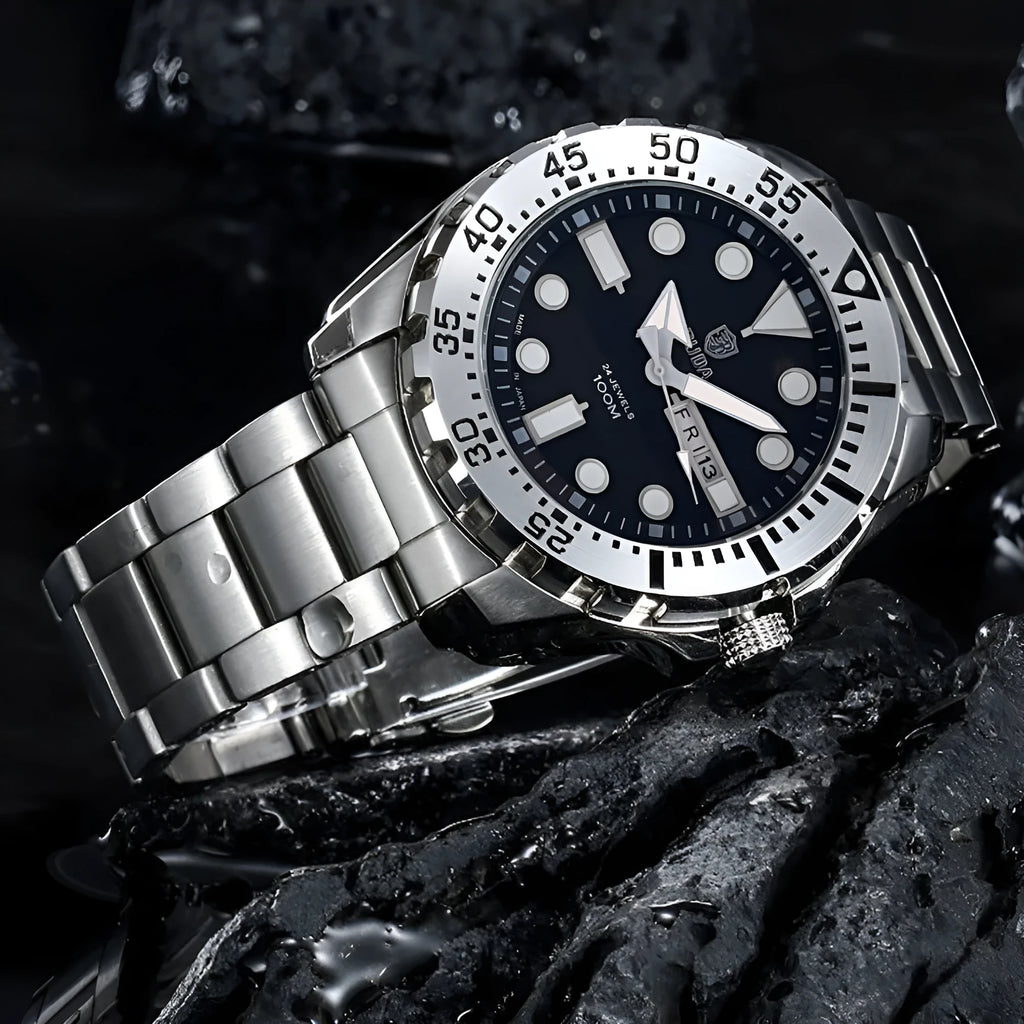 Men's waterproof luminous quartz watch with blue dial and steel band on wrist