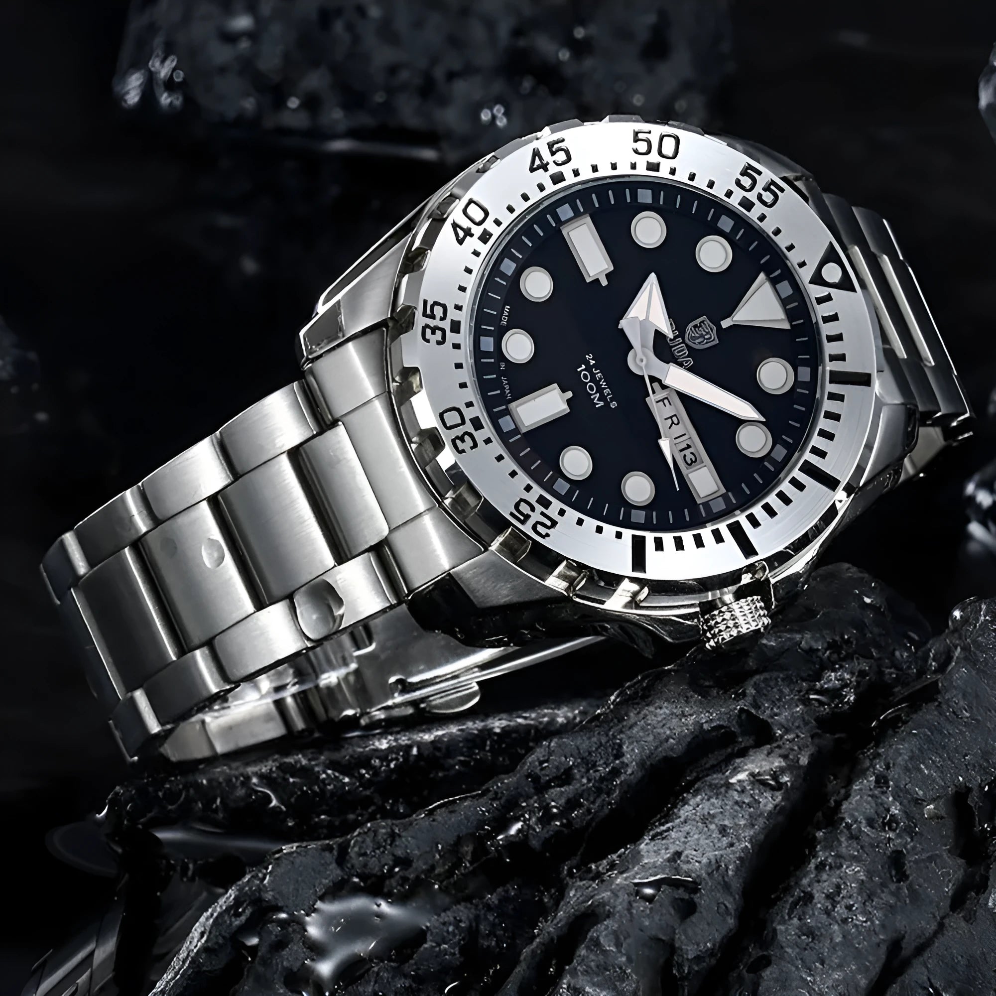 Men's waterproof luminous quartz watch with blue dial and steel band on wrist