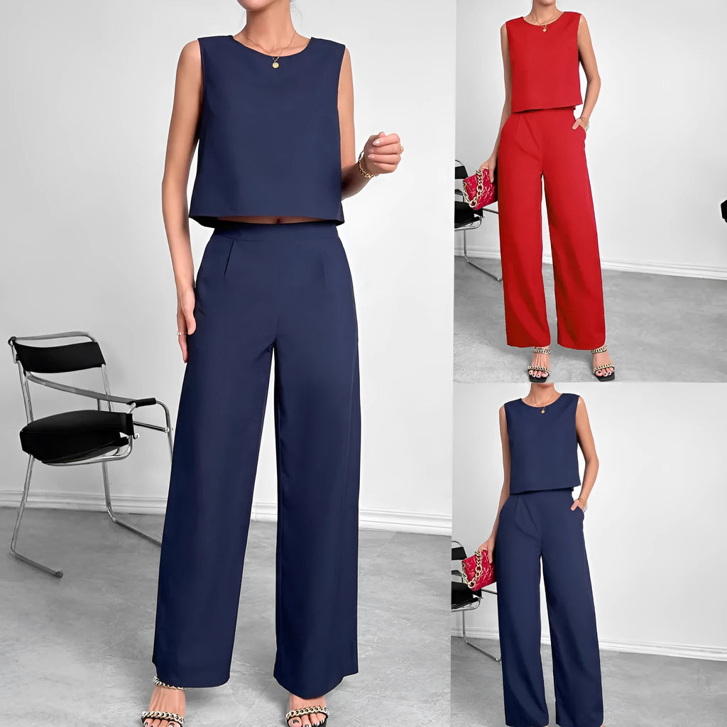 Women's red polyester two-piece set with sleeveless top and wide-leg trousers