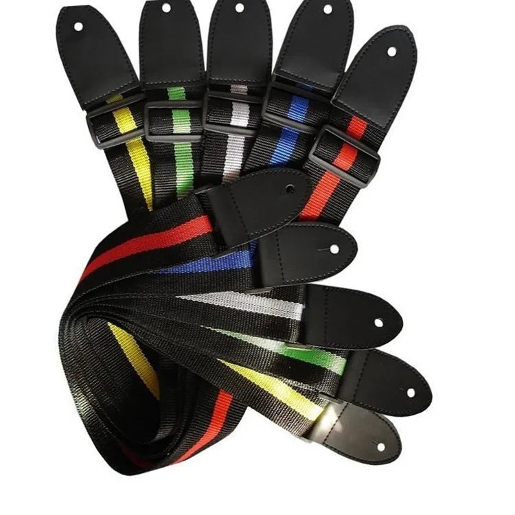 Adjustable woven guitar strap showing length adjustment and five colour options