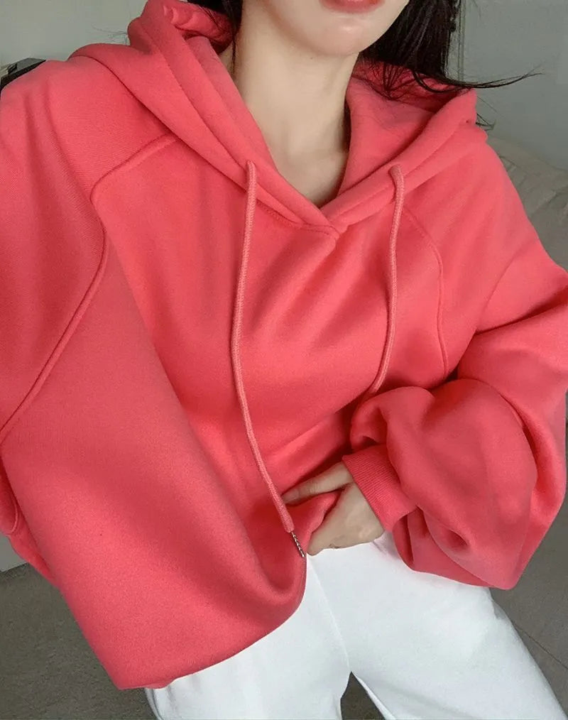 Women's mulberry silk hooded sweater in watermelon red colour with loose pullover style