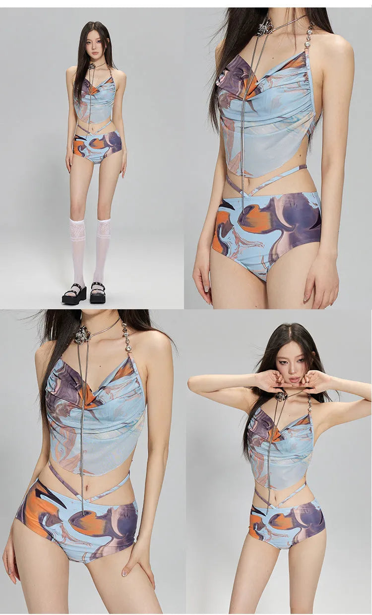 Blue printed women's three-piece bikini set with steel bracket push-up top and matching skirt