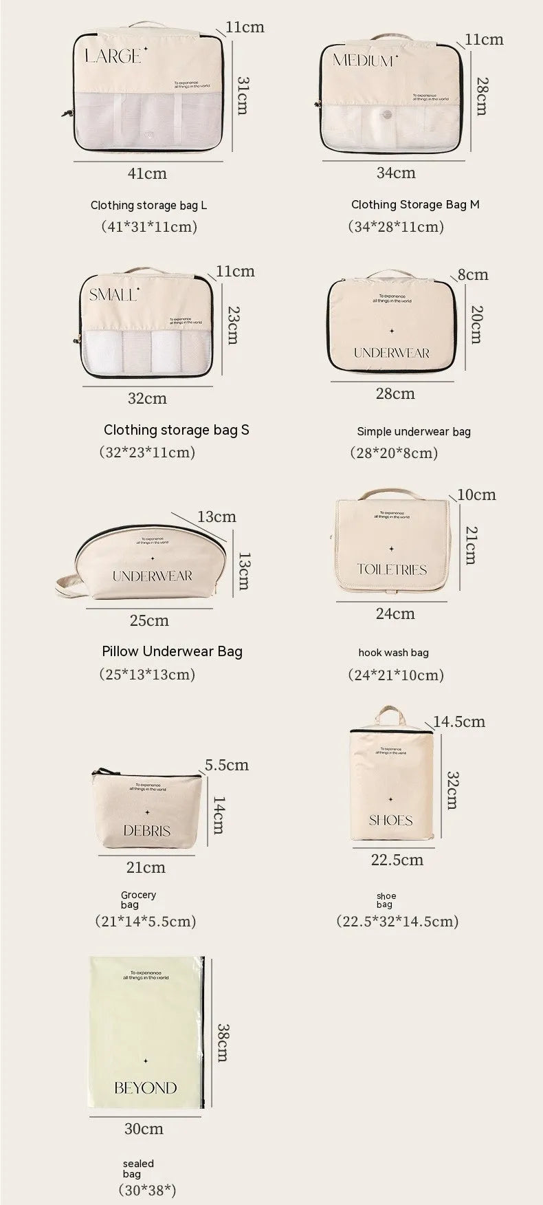 Travel storage bag set with multiple PP packing bags for clothing, underwear, shoes, and sundries