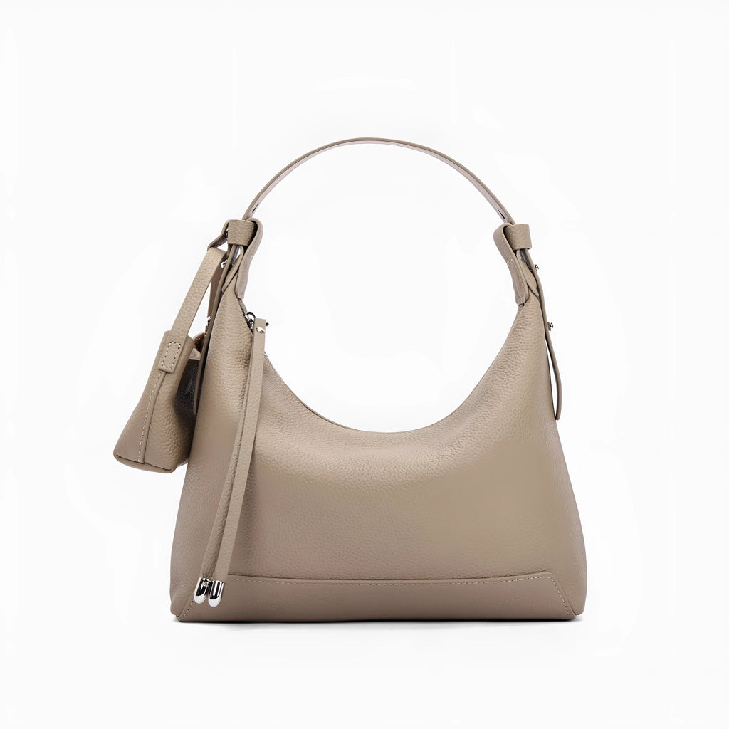 Soft genuine cowhide leather shoulder bag in urban simplicity style with visible sewing thread detailing