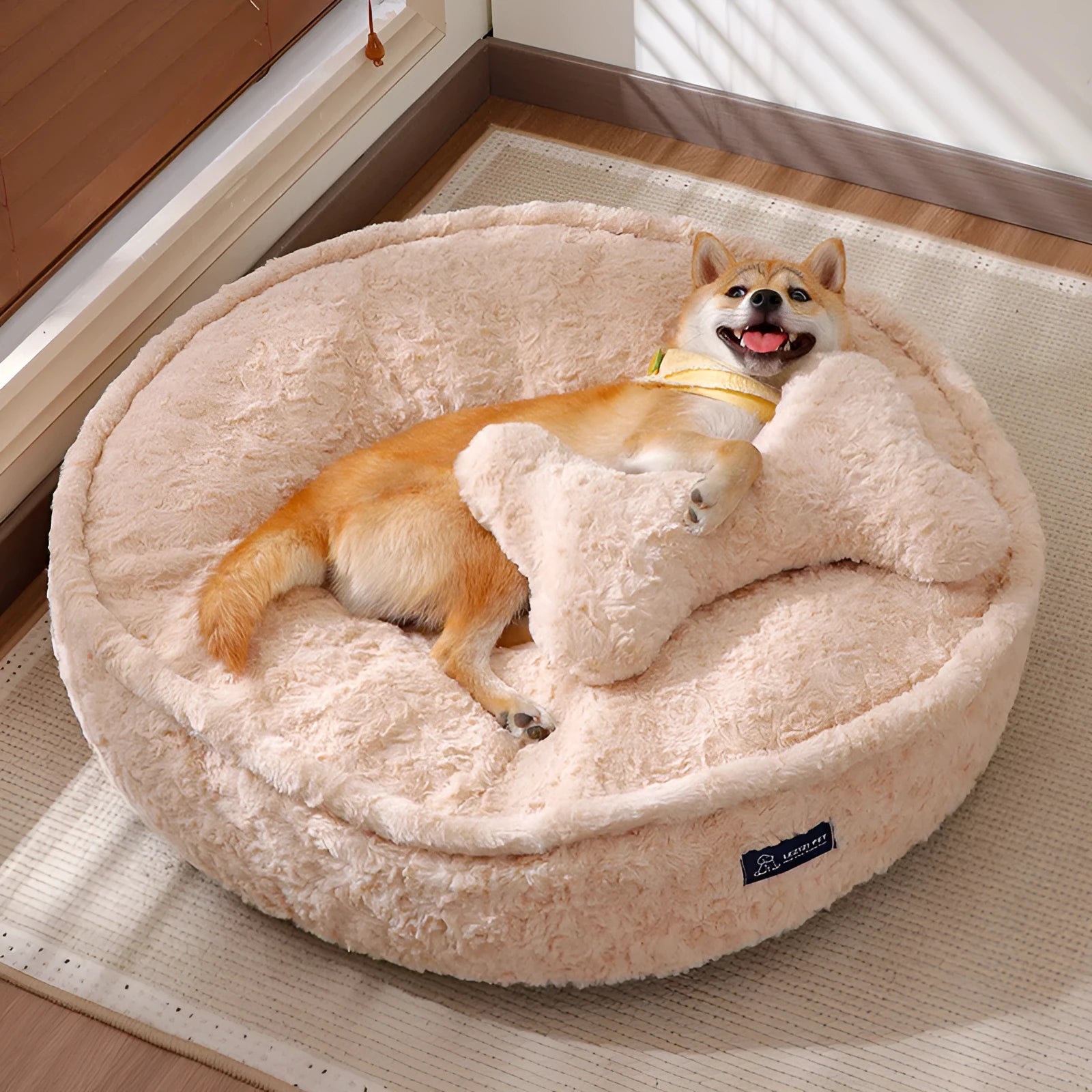 Round nest dog kennel in milk tea colour, size S, made from bite-resistant cloth