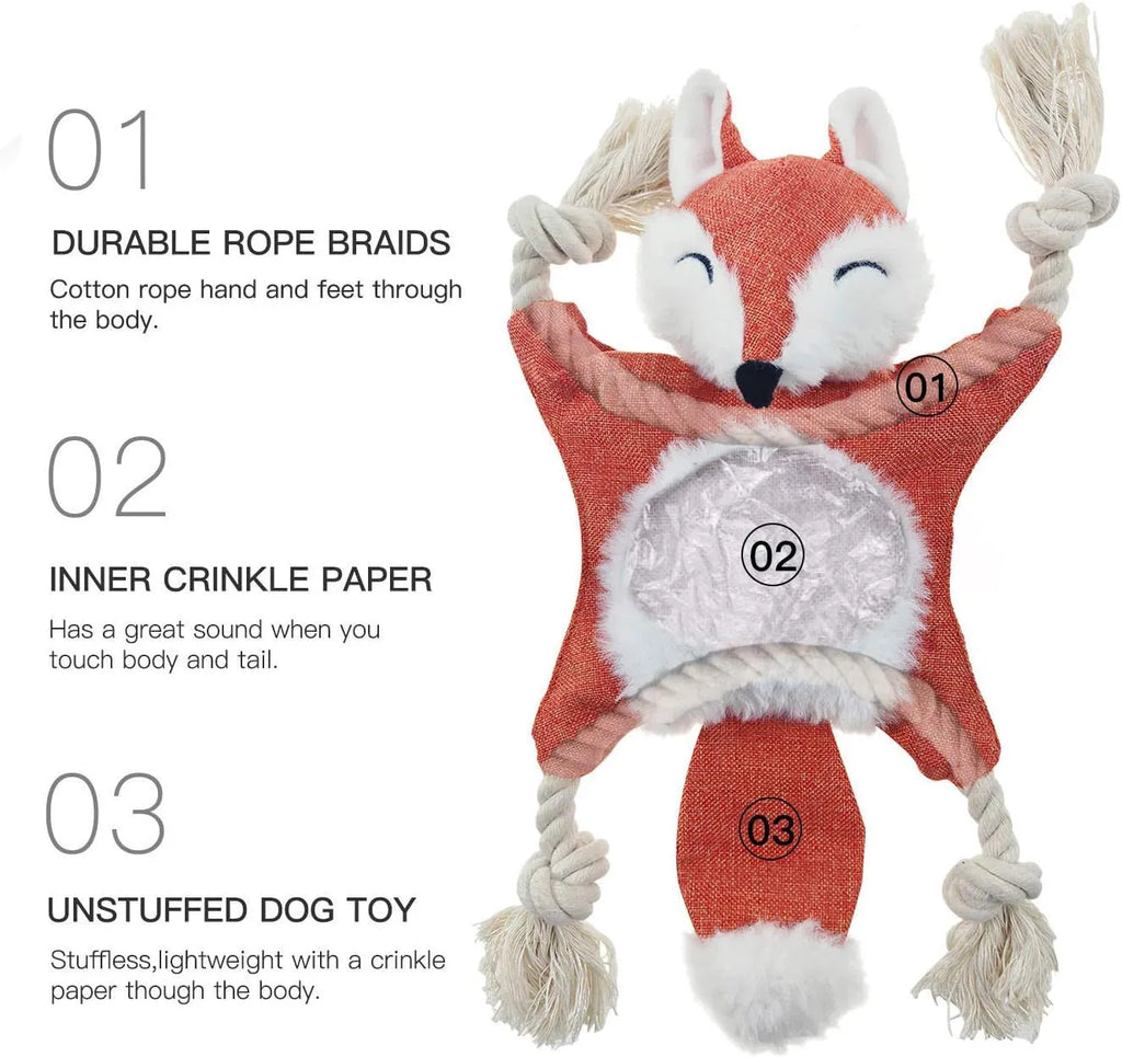 Brown stuffless fox plush dog toy with cotton rope arms, embroidered eyes, and a squeaker.