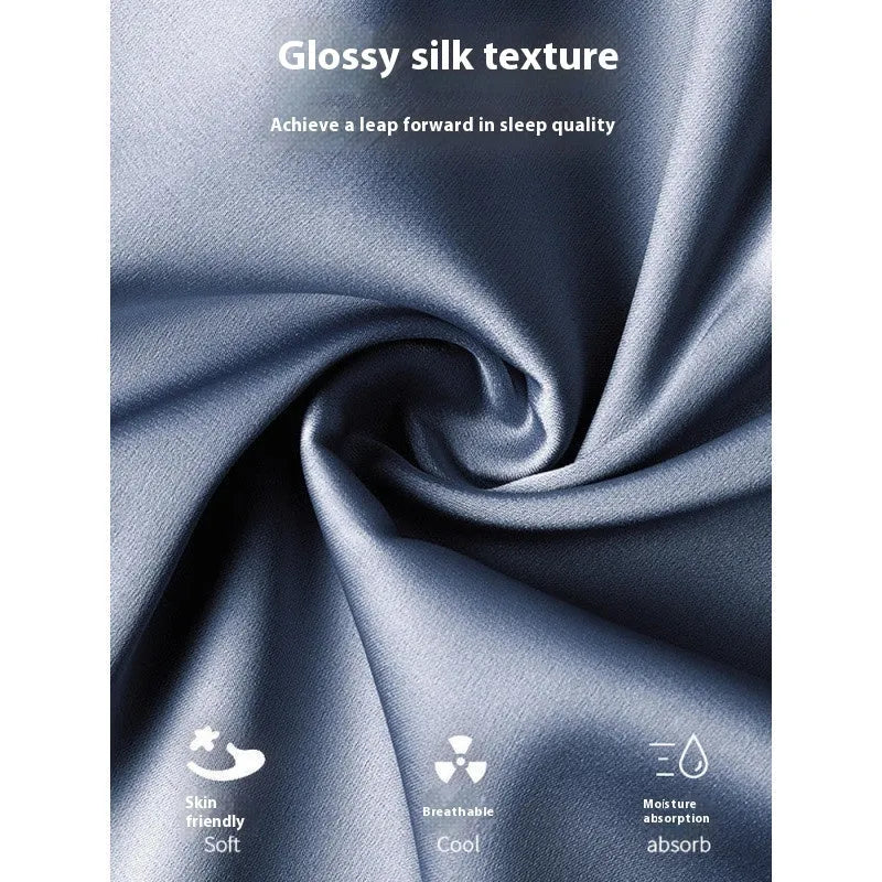 Men's thin ice silk three-piece home wear set showing top, shorts and trousers in blue colour