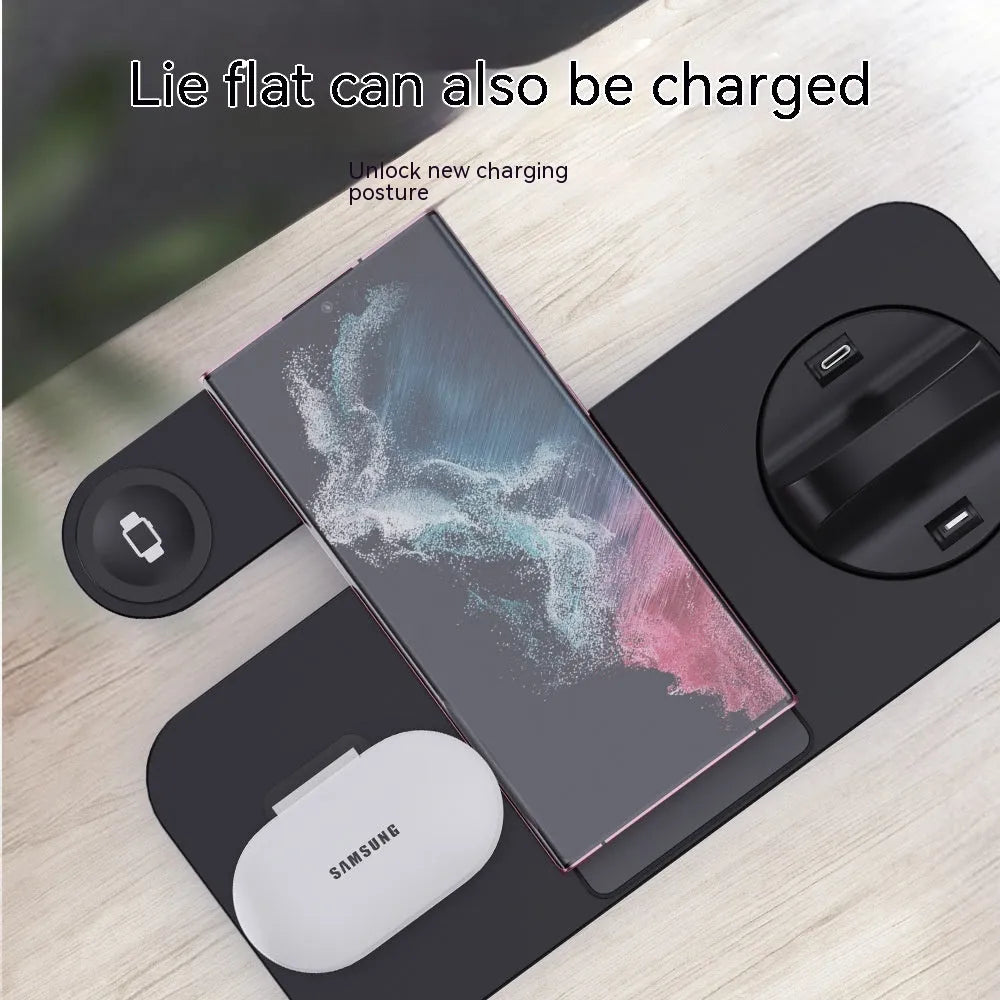 Three-in-one wireless charger with rotating stand for phone headset watch in white finish