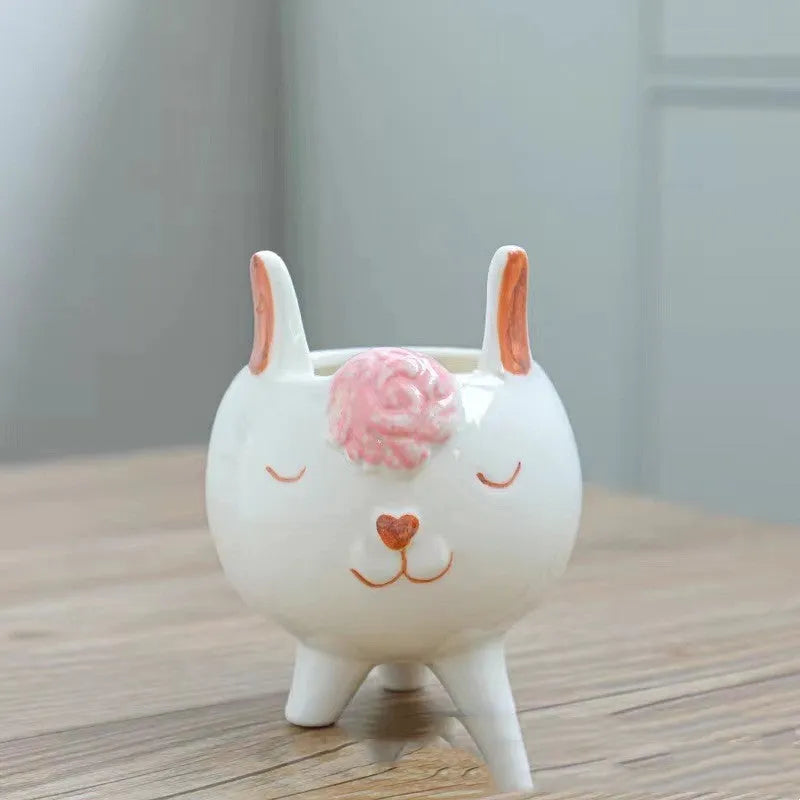 Ceramic hand painted cartoon animal flowerpot in pastoral style, breathable and firm, suitable for desktop or floor
