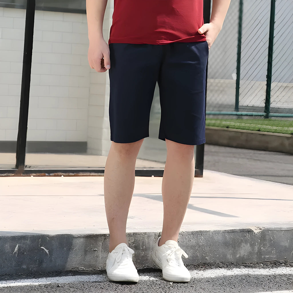 Men's cotton summer casual shorts in black with elastic waist and drawstring