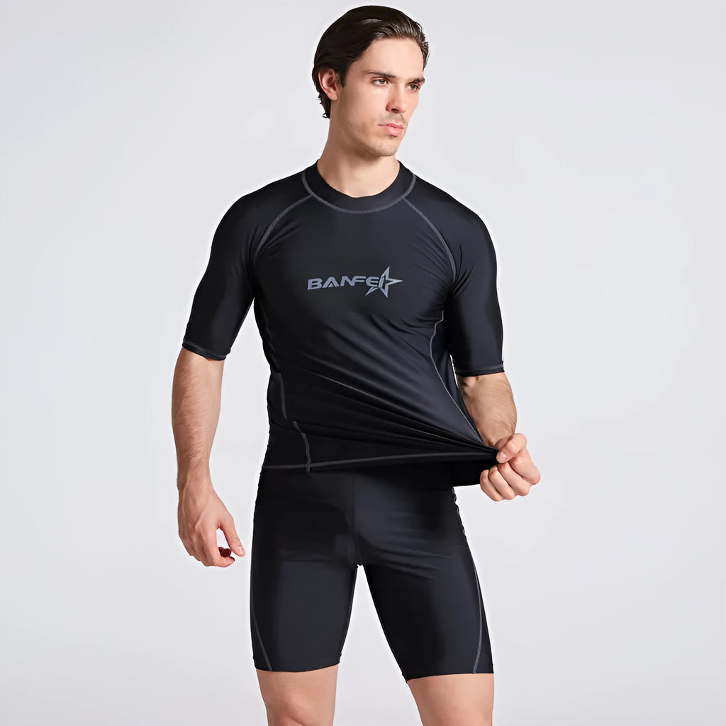 Men's quick-dry nylon swimsuit top and pants set for surfing and snorkelling.
