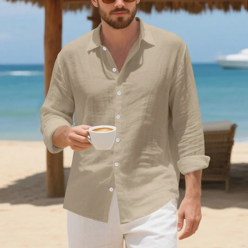 Men's loose fit linen casual shirt in non-ironing American style with eight colour options