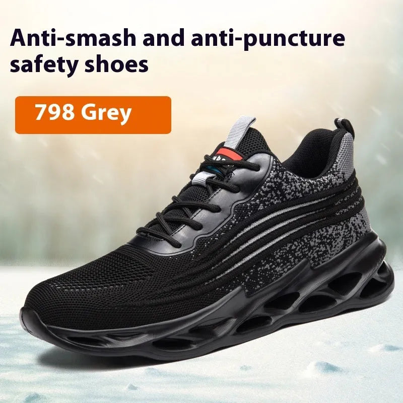 Brown leather anti-smash and puncture resistant lightweight labour protection shoes with rubber sole.