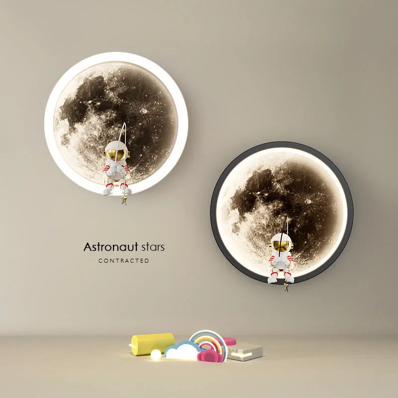 Modern minimalist moon wall lamp with acrylic shade, black finish, showing warm light, 220V