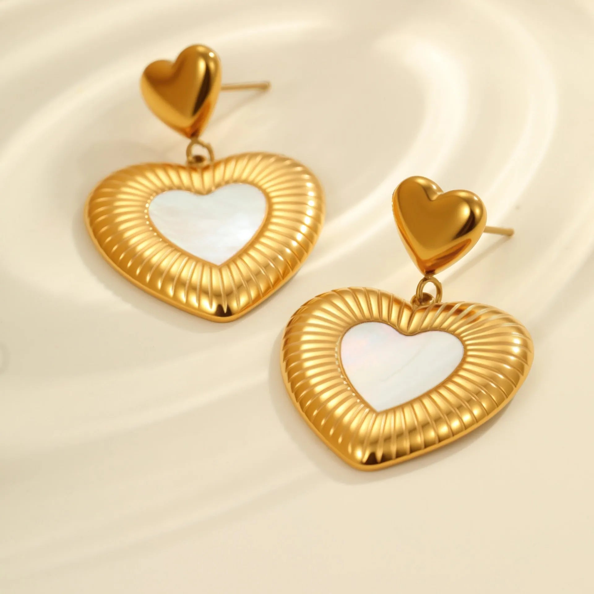 Heart-shaped fritillary earrings with stainless steel construction and 18K gold electroplated finish