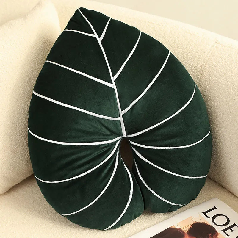Green plant pillow with embroidered philodendron leaves on plush fabric, 52x44cm large size