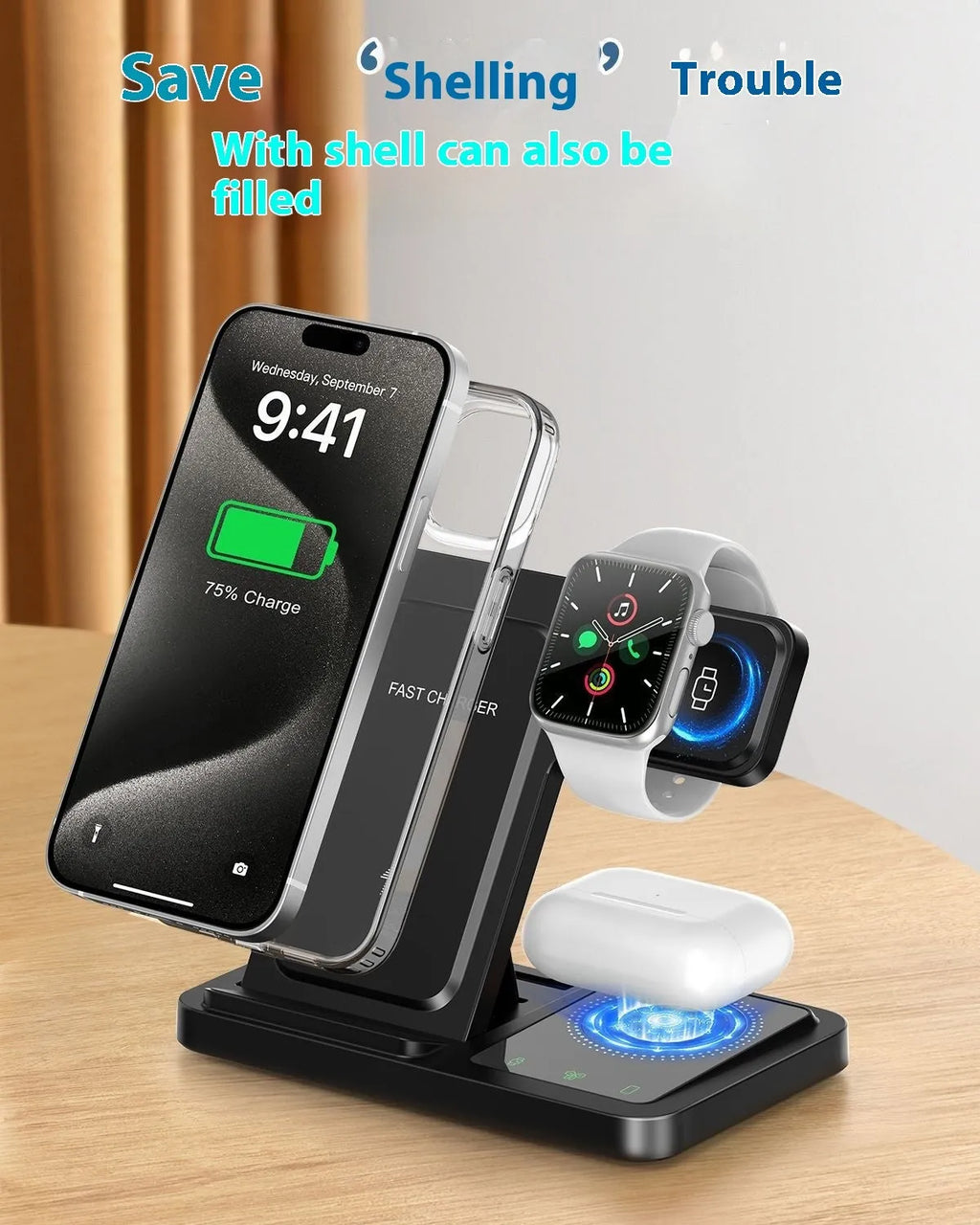 Three-in-one foldable wireless charger for iPhone and Apple Watch with transparent design in black