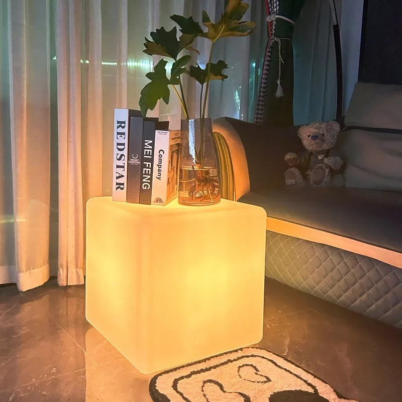Square LED cube stool light with modern design for outdoor garden seating and illumination