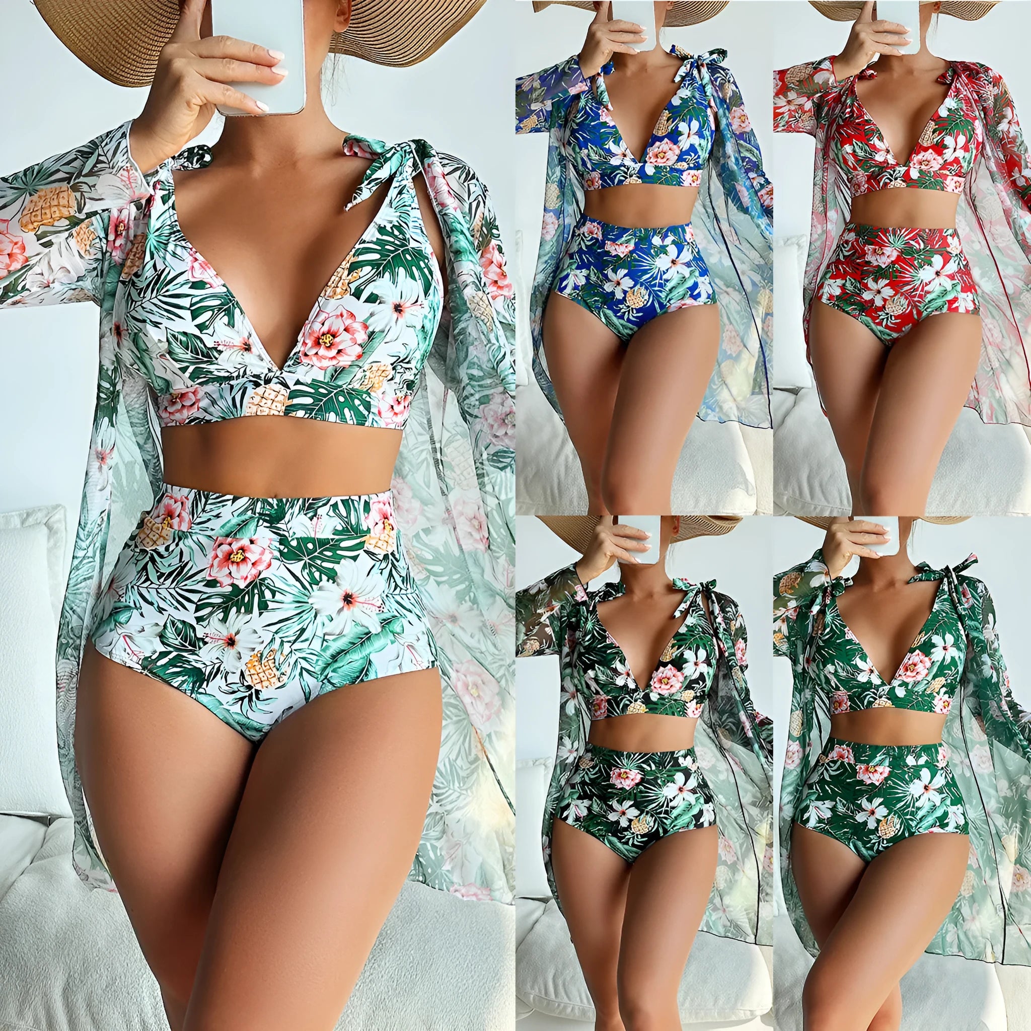 Women's multicolor printed bikini three-piece set with polyester fabric for swimming