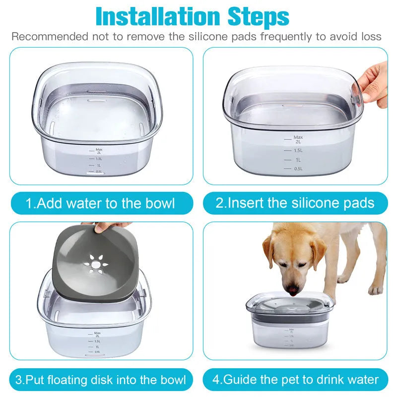 Transparent 70oz/2L dog water bowl with visible water level and floating disk