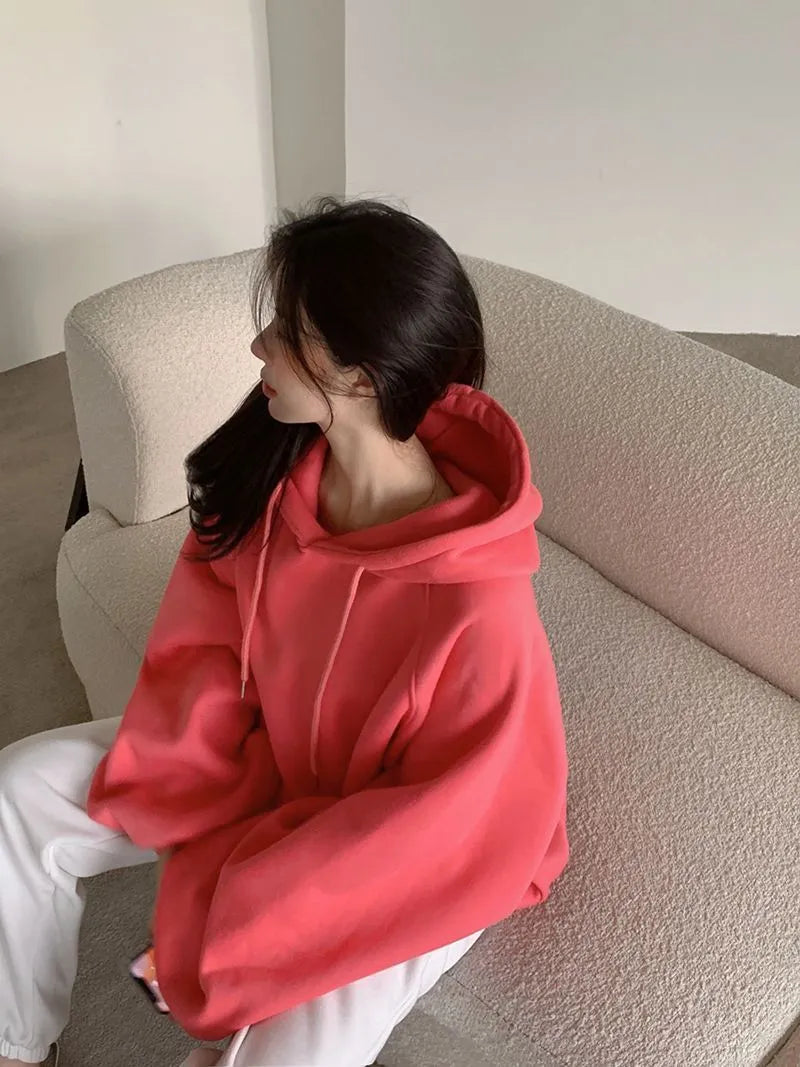 Women's mulberry silk hooded sweater in watermelon red colour with loose pullover style