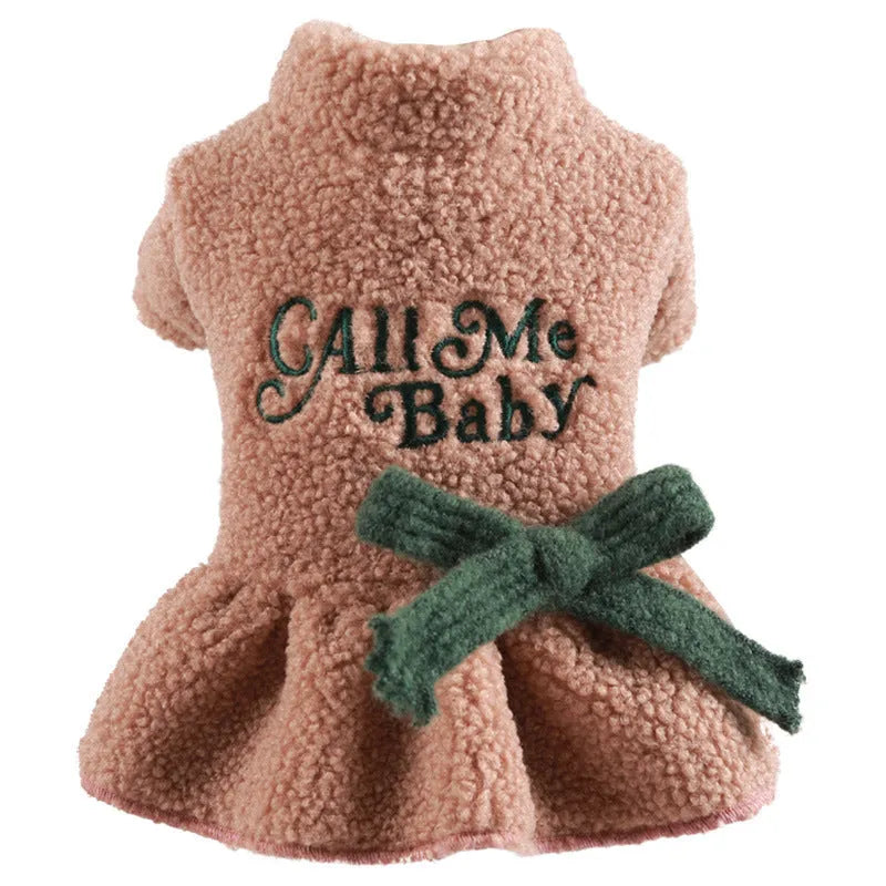 Pet clothing warm berber fleece skirt with letter print in pink and dark blue, sizes XS to XL