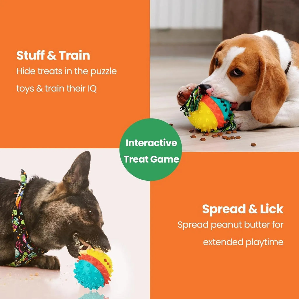 Blue and red TPR rubber dog chew ball with textured bumps and rope ends