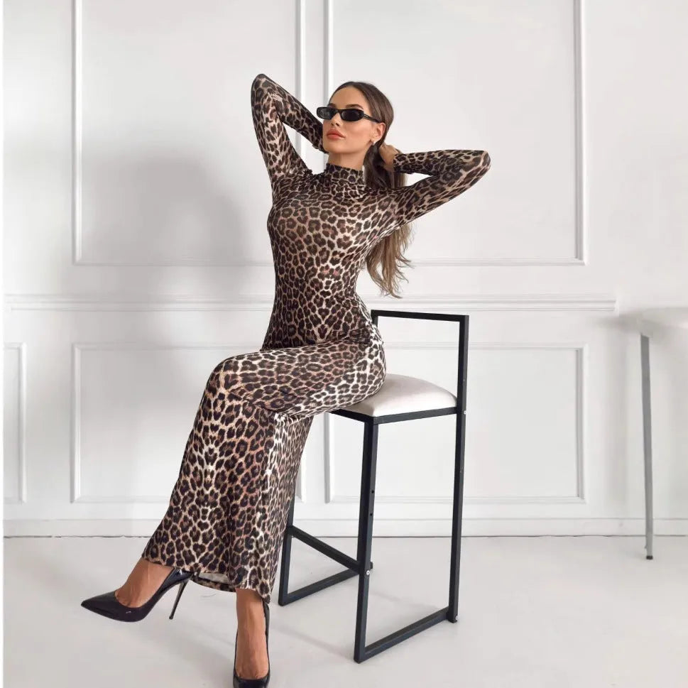 Fashion leopard print stand collar long sleeve long dress with high waist hip skirt in milk silk fabric